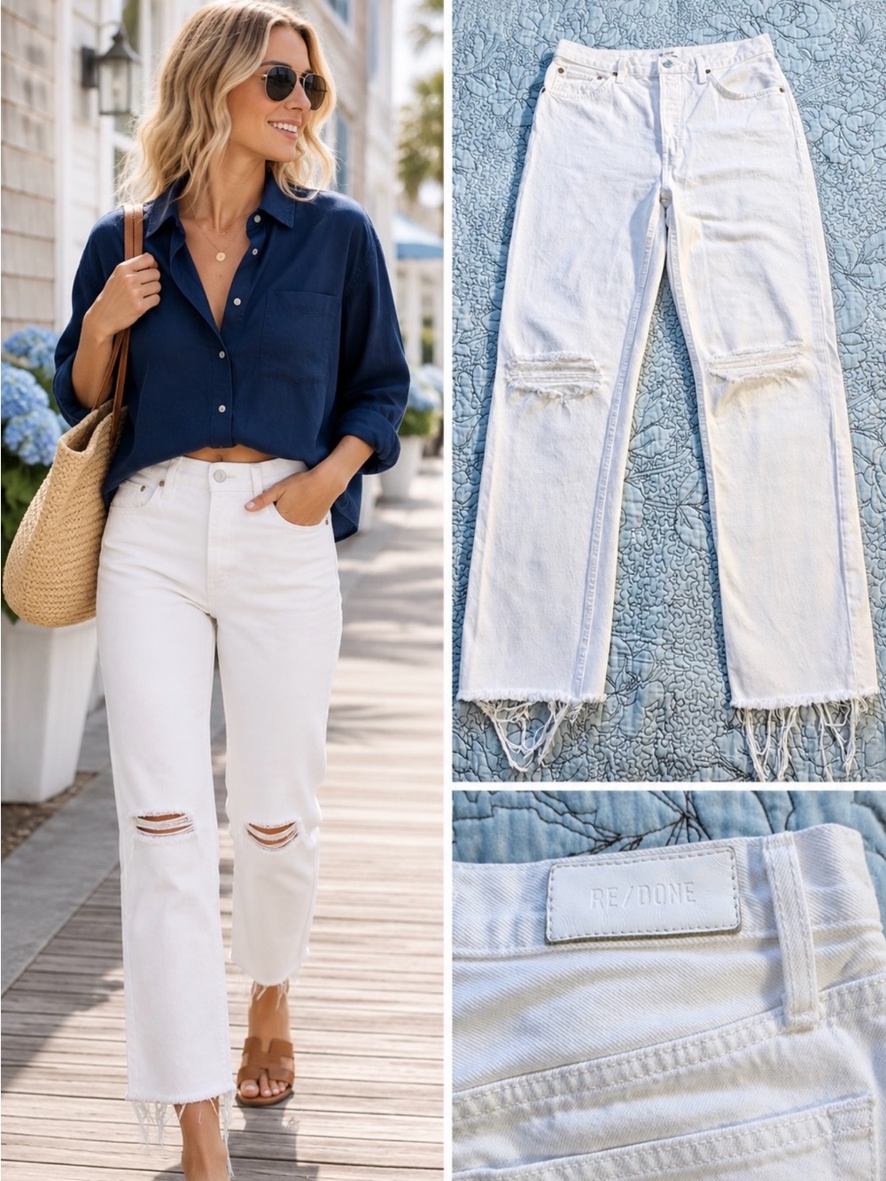 💥RE/DONE 70s High Rise Stove Pipe Worn White Distressed Jeans Sz 27🧡